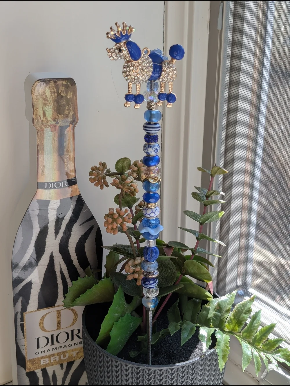 HandMade Beaded Fairy Wand/Garden Stake W/Jeweled Poodle Topper (Head&Legs Move)